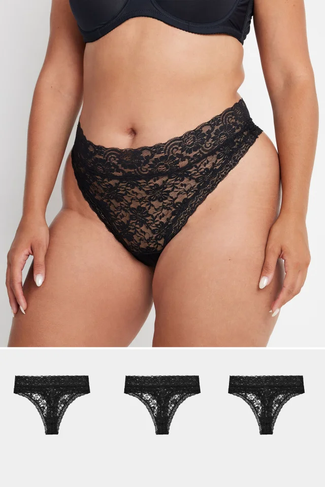 Yours Curve 3 Pack Black Lace High Waisted Thongs