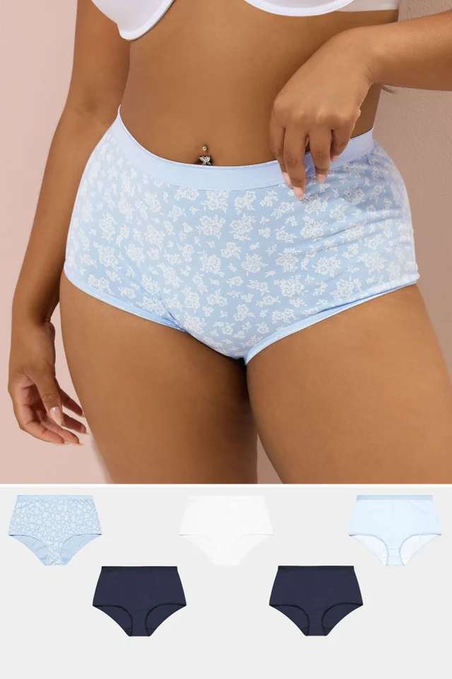 Yours 5 Pack Curve Blue Floral Print Full Briefs