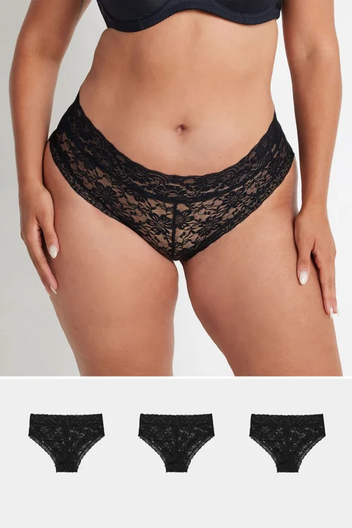 Yours Curve 3 Pack Black Lace Brazilian Briefs - 34-36 Image 1