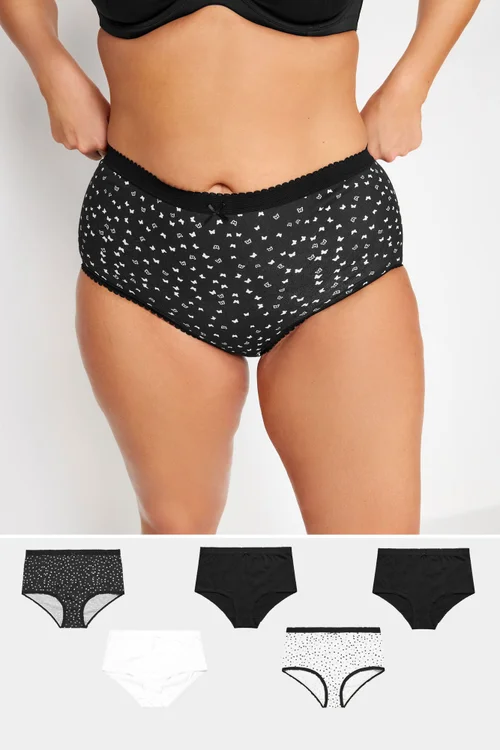 Yours 5 Pack Curve Black & White Butterfly Design High Waisted Full Briefs - 14-16 Image 1