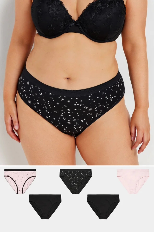 Yours 5 Pack Curve Black & Pink Star Print High Leg Knickers