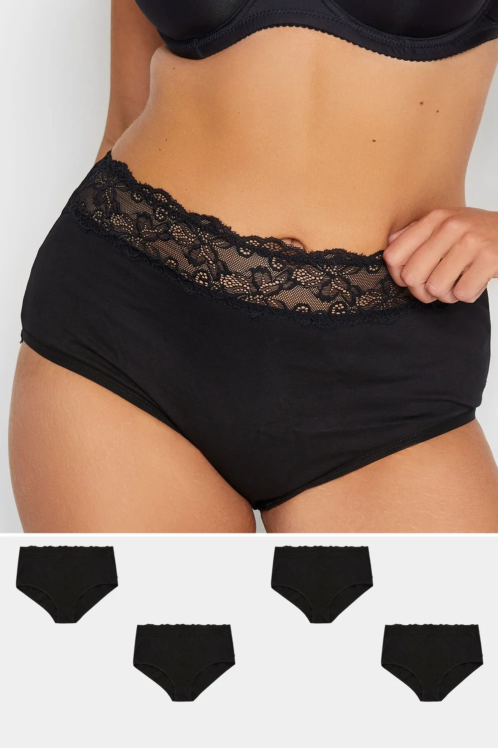 Yours 4 Pack Curve Black Lace Trim High Waisted Full Briefs - Size 34-36 clothing Image 1