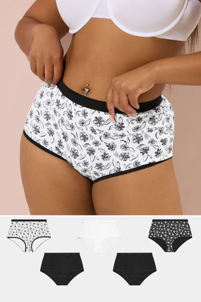 Yours 5 Pack Curve Black & White Floral Print Full Briefs