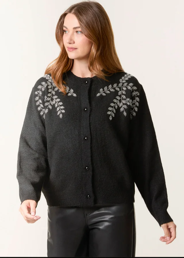 Blue Vanilla Black Diamante Detailed Leaf Branch Cardigan