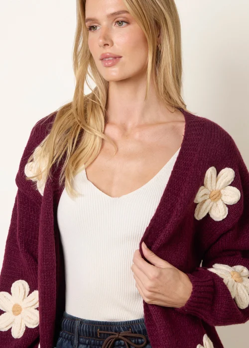 Blue Vanilla Burgundy Daisy Large Flower Cardigan - M/L Image 2