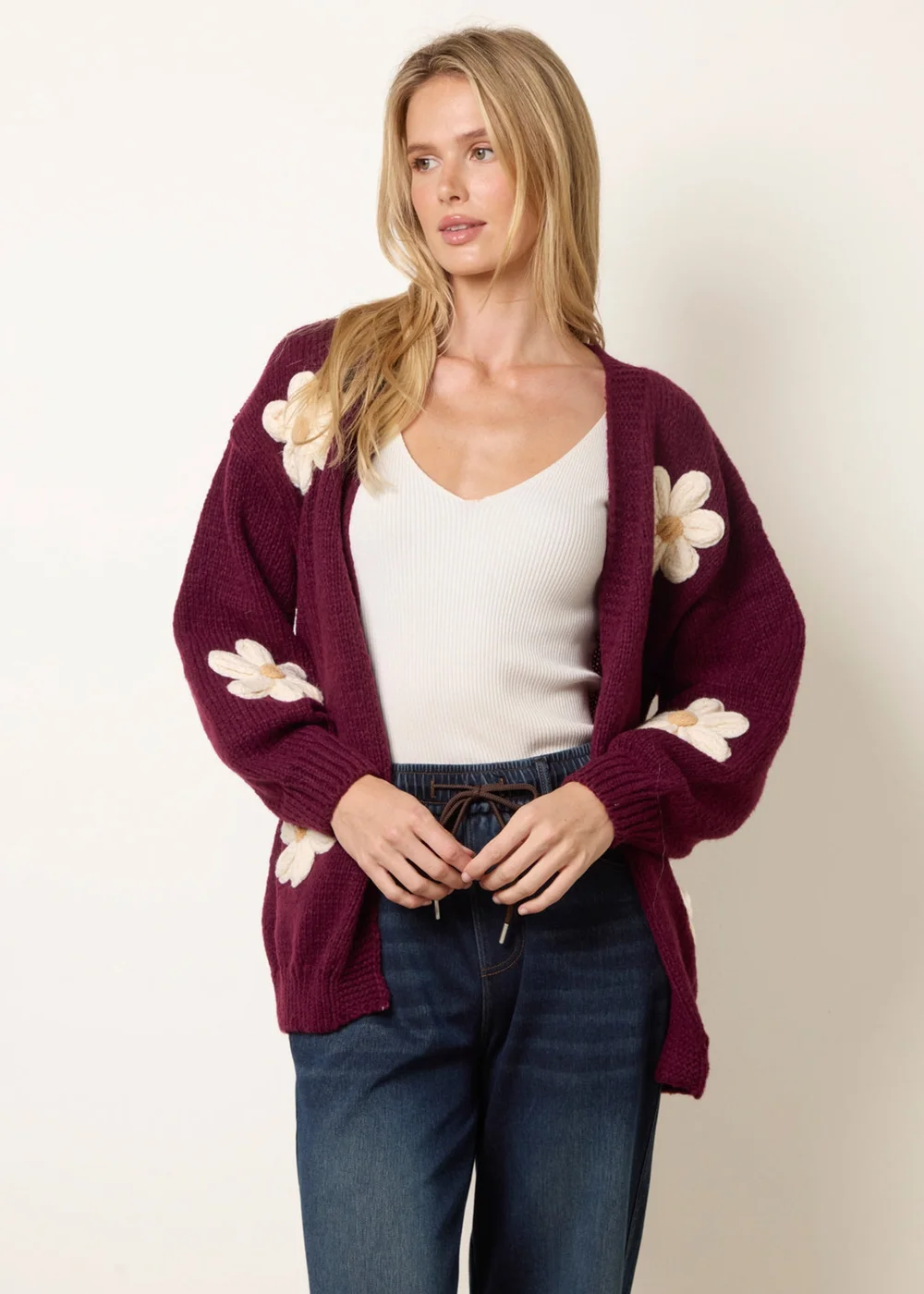 Blue Vanilla Burgundy Daisy Large Flower Cardigan - M/L Image 1