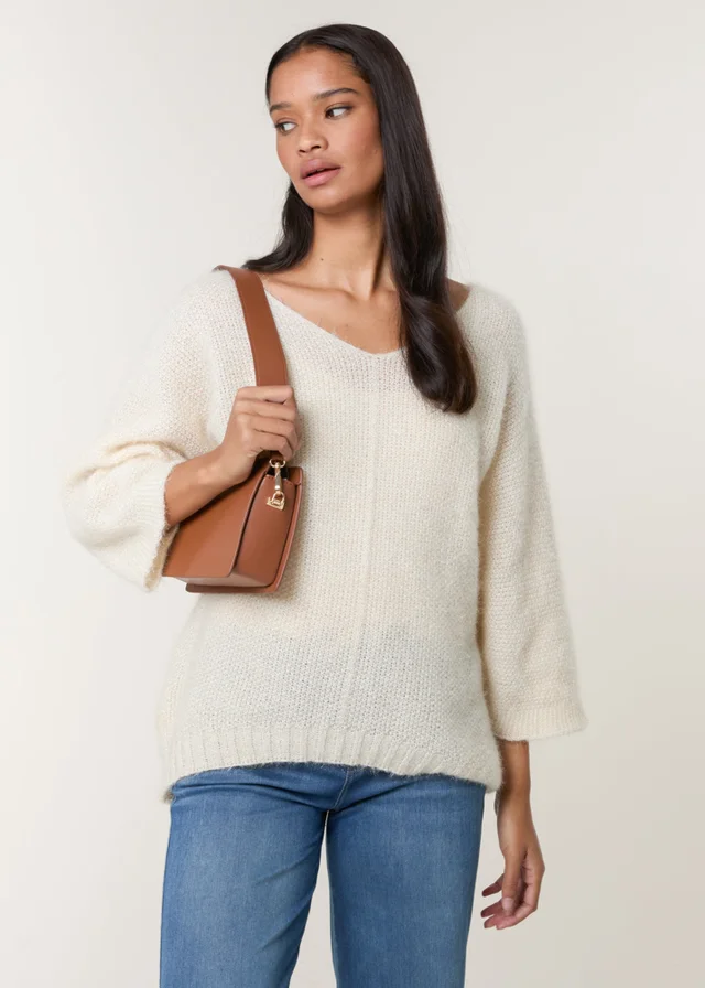 Blue Vanilla Beige Fluffy Textured V Neck Jumper
