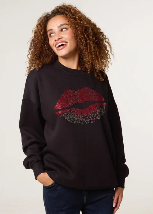 Blue Vanilla Black Rhinestone Lips Sweatshirt - One Size Image 1