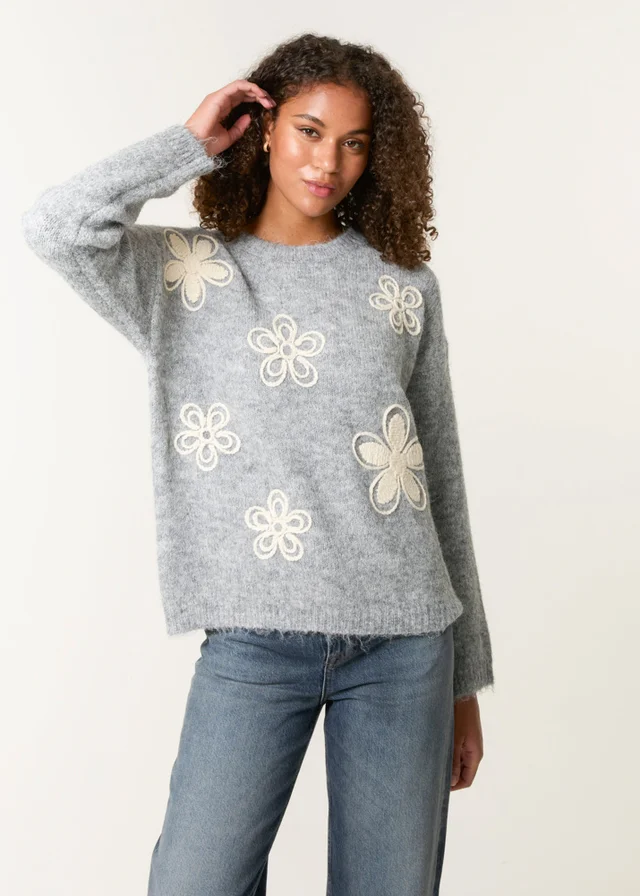Blue Vanilla Grey Jumper With Embroidered Flowers