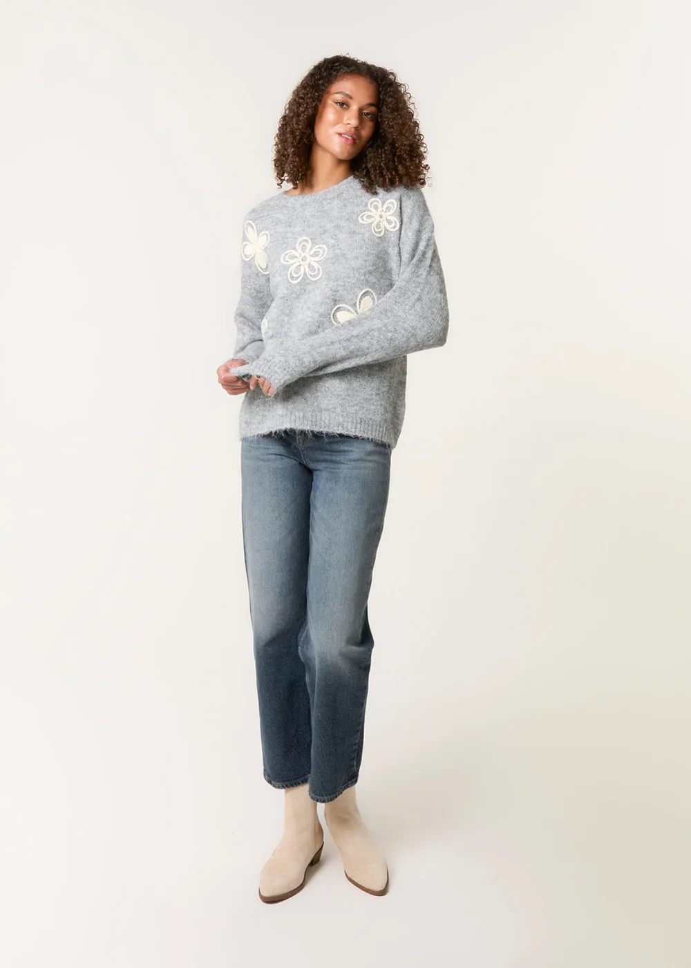 Blue Vanilla Grey Jumper With Embroidered Flowers - S/M Image 3