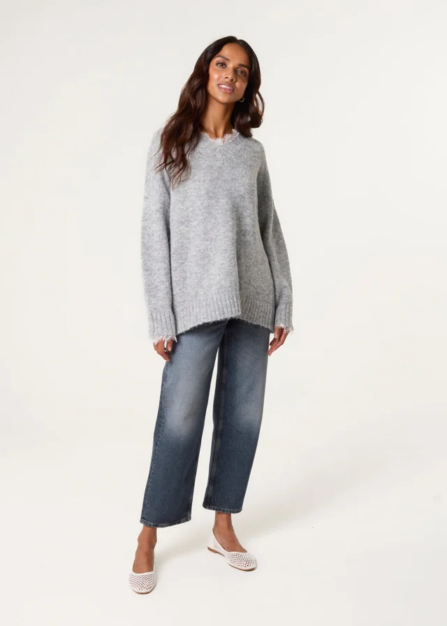 Blue Vanilla Grey Lace Trim V Neck Jumper