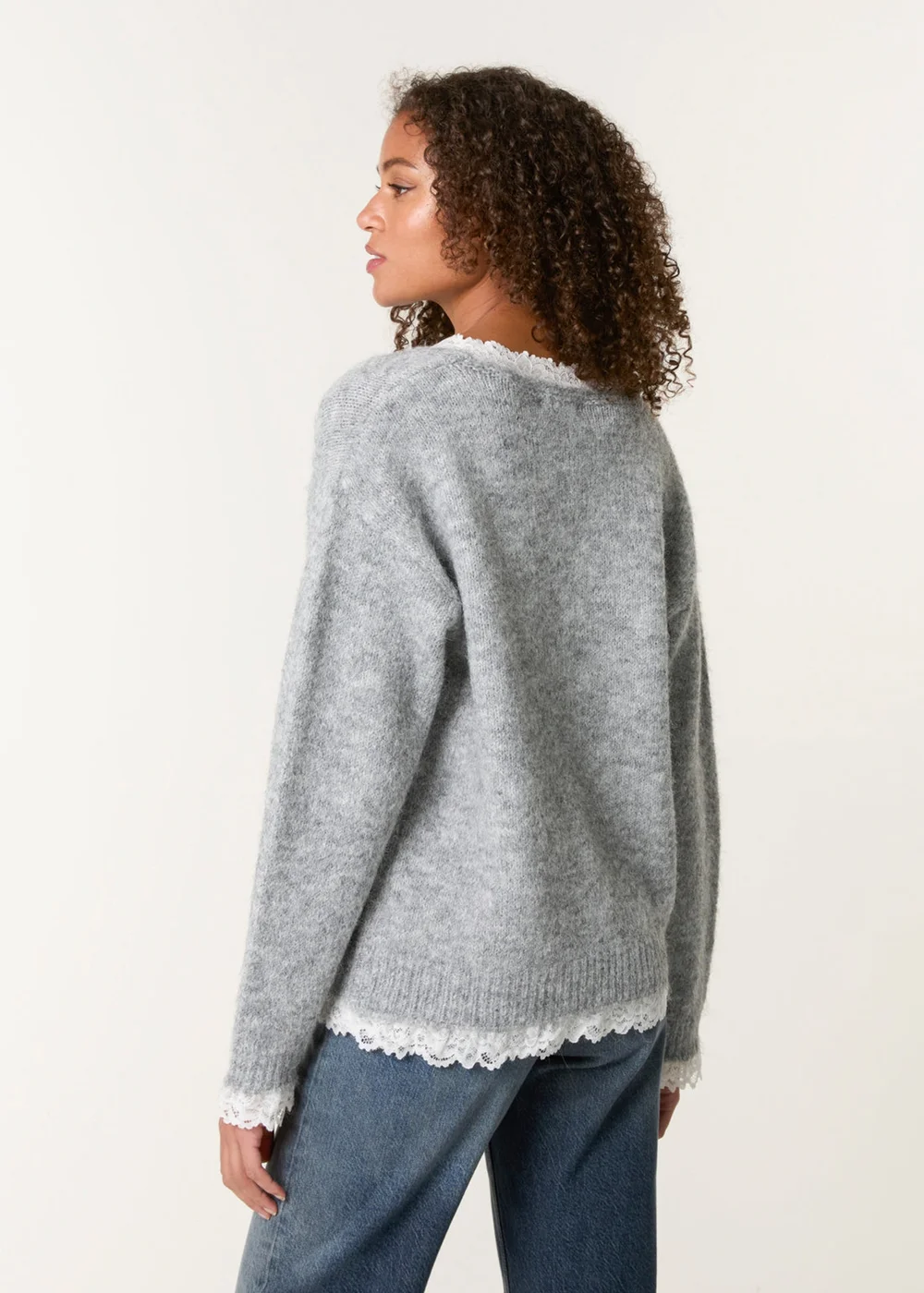 Blue Vanilla Grey Lace Trim Pussybow Jumper - Small/Medium Image 4
