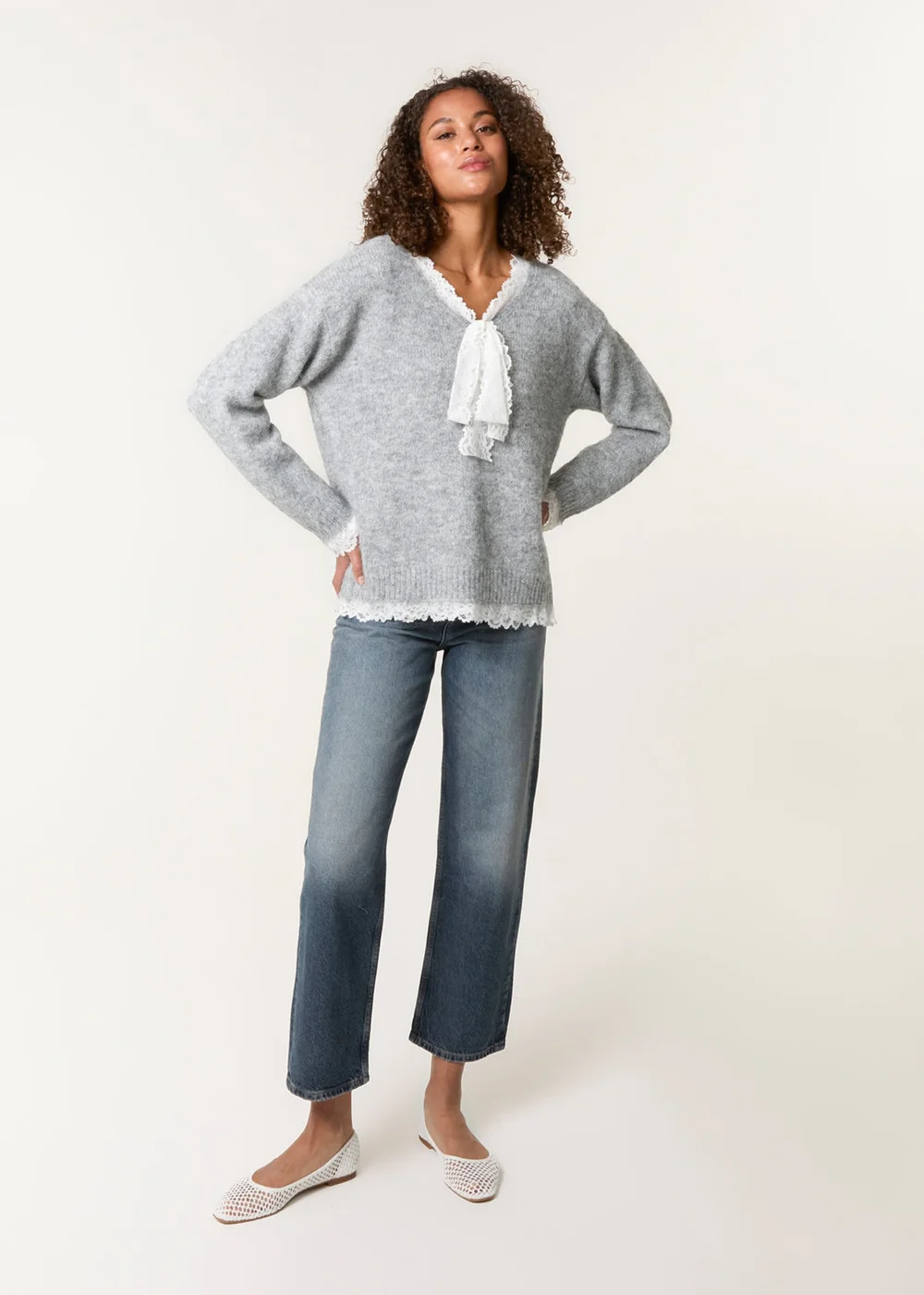 Blue Vanilla Grey Lace Trim Pussybow Jumper - Small/Medium Image 3