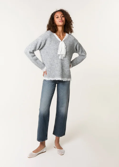 Blue Vanilla Grey Lace Trim Pussybow Jumper - Small/Medium Image 3