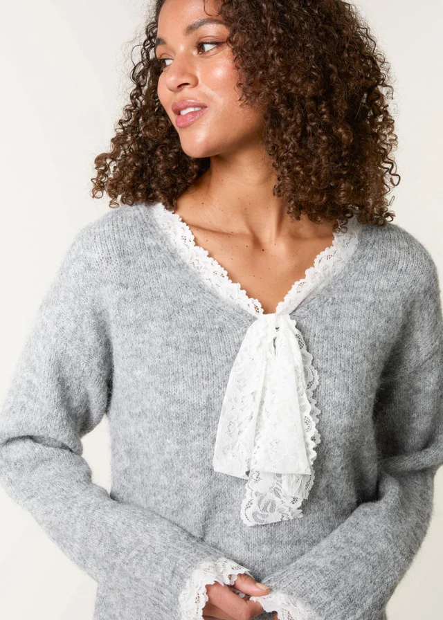 Blue Vanilla Grey Lace Trim Pussybow Jumper
