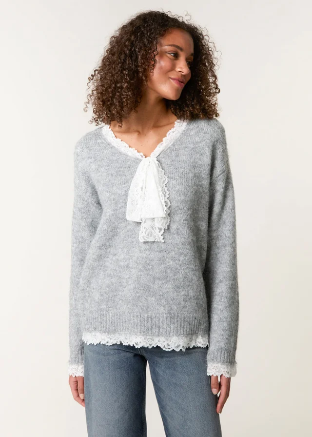 Blue Vanilla Grey Lace Trim Pussybow Jumper