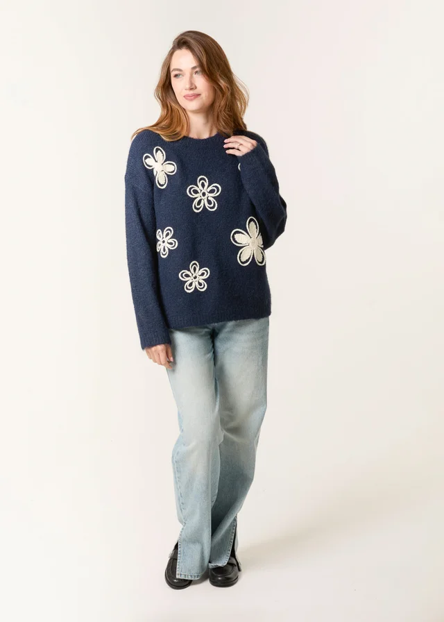 Blue Vanilla Navy Jumper With Embroidered Flowers