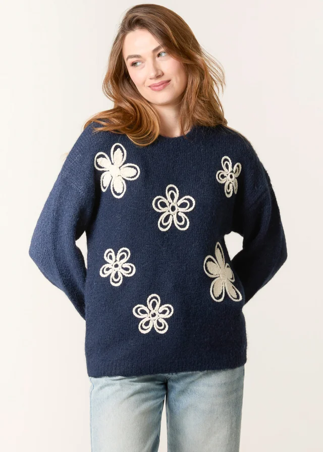 Blue Vanilla Navy Jumper With Embroidered Flowers