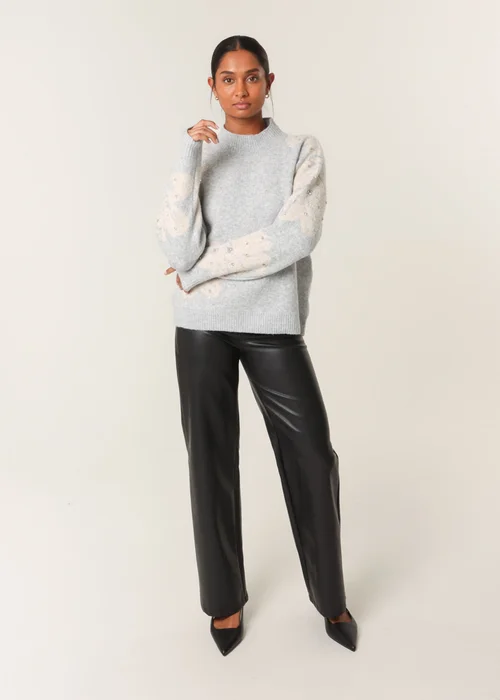 Blue Vanilla Grey Flower Diamante Detailed Knitted Jumper - Small/Medium Image 3