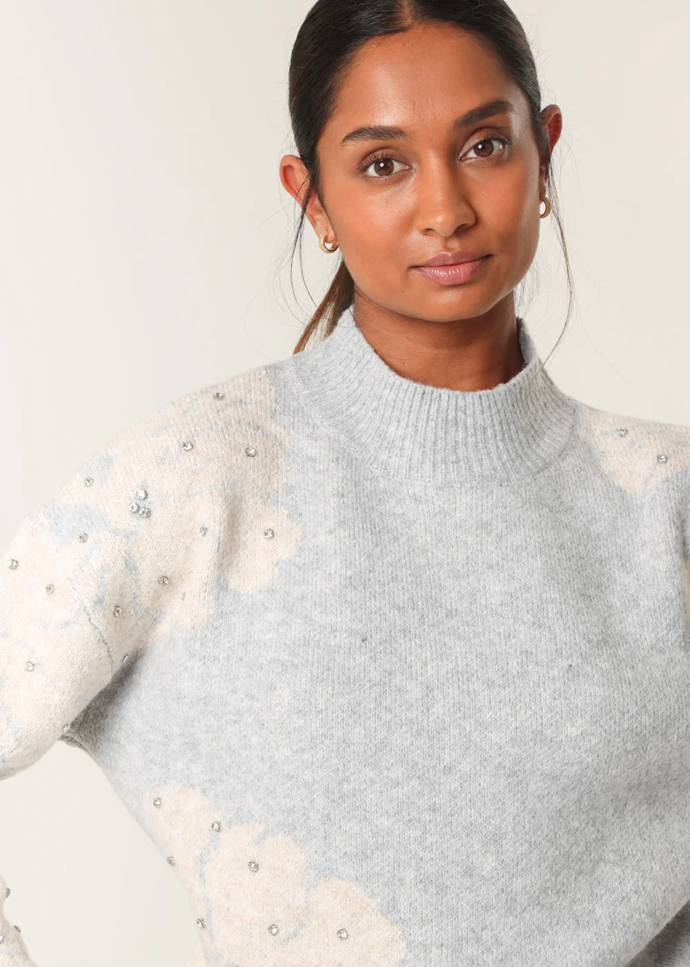 Blue Vanilla Grey Flower Diamante Detailed Knitted Jumper - Small/Medium Image 2