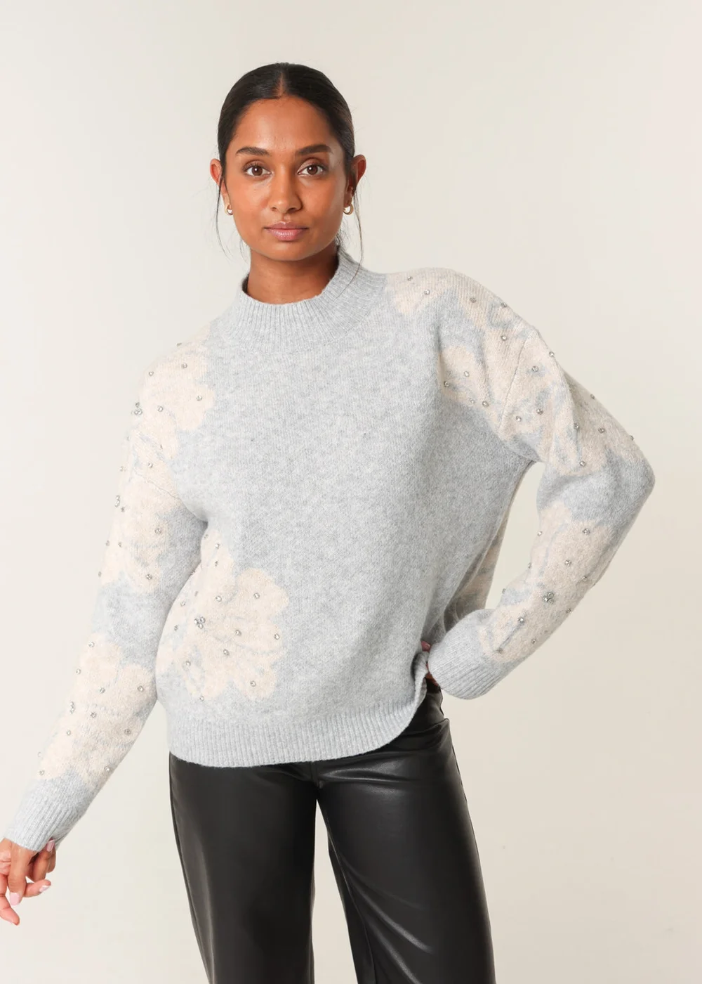 Blue Vanilla Grey Flower Diamante Detailed Knitted Jumper - Small/Medium Image 1