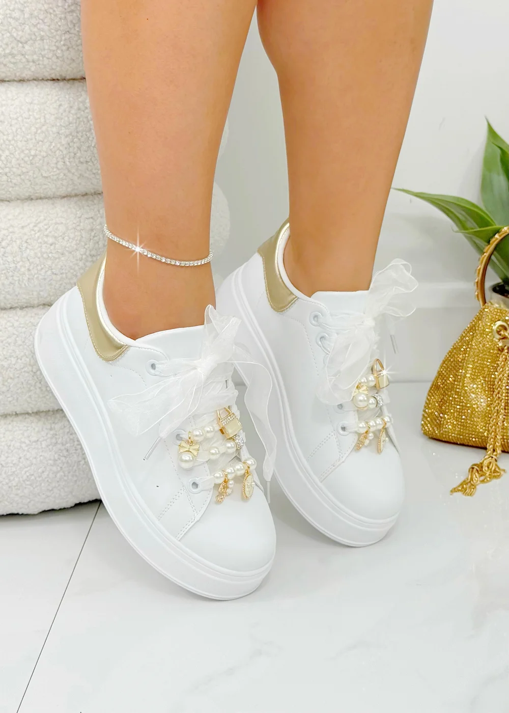 Love Lemonade Gold Sparkly Pearl Charm Trainers - Size 3 Image 1