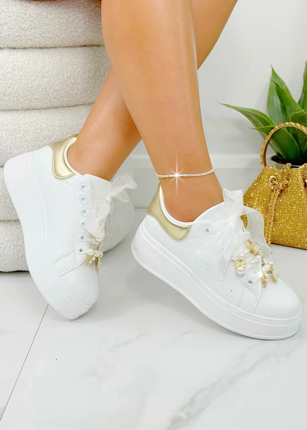 Love Lemonade Gold Sparkly Pearl Charm Trainers - Size 3 Image 2