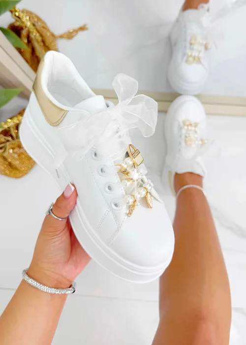 Love Lemonade Gold Sparkly Pearl Charm Trainers - Size 3 Image 4