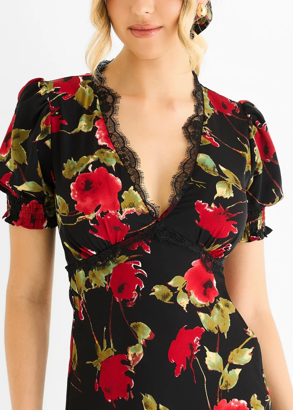 Gini London Black Floral Lace Trim Detail Midi Dress - 12 Image 3