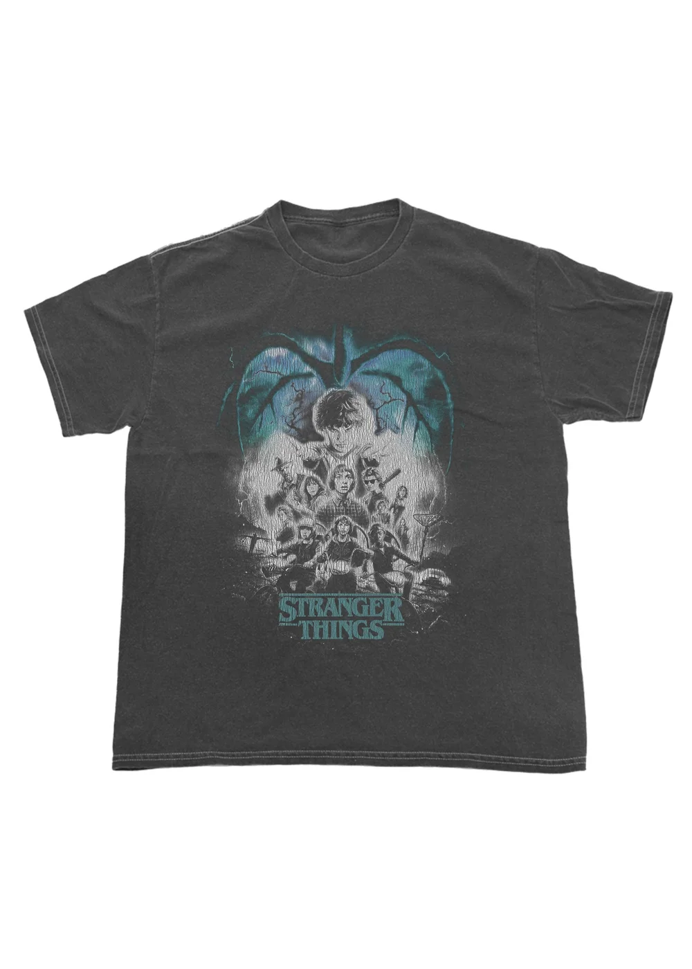 Stranger Things Poster Washed Charcoal Graphic T-Shirt - Small Image 1