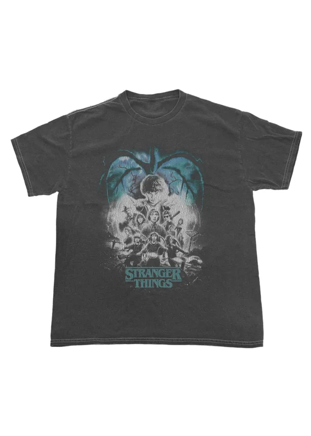 Stranger Things Poster Washed Charcoal Graphic T-Shirt