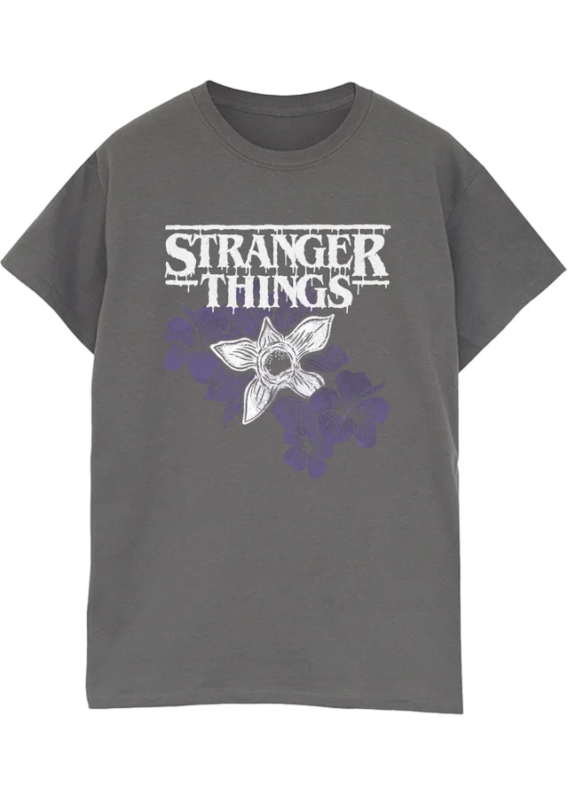 Stranger Things Flower Logo Washed Charcoal Graphic T-Shirt