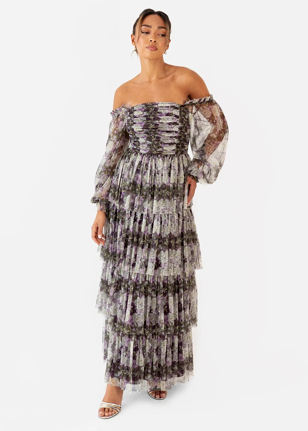 Anaya With Love Floral Lilac Long Sleeve Bardot Maxi Dress - 10 Image 1