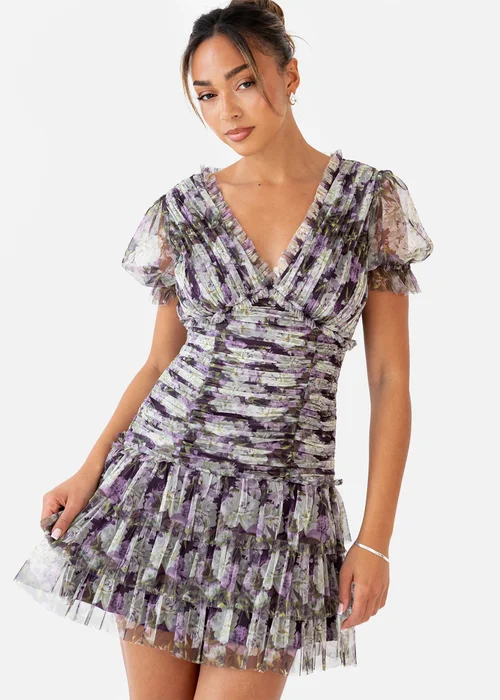 Anaya With Love Floral Lilac Print Short Sleeve Gathered Mini Dress - 10 Image 3