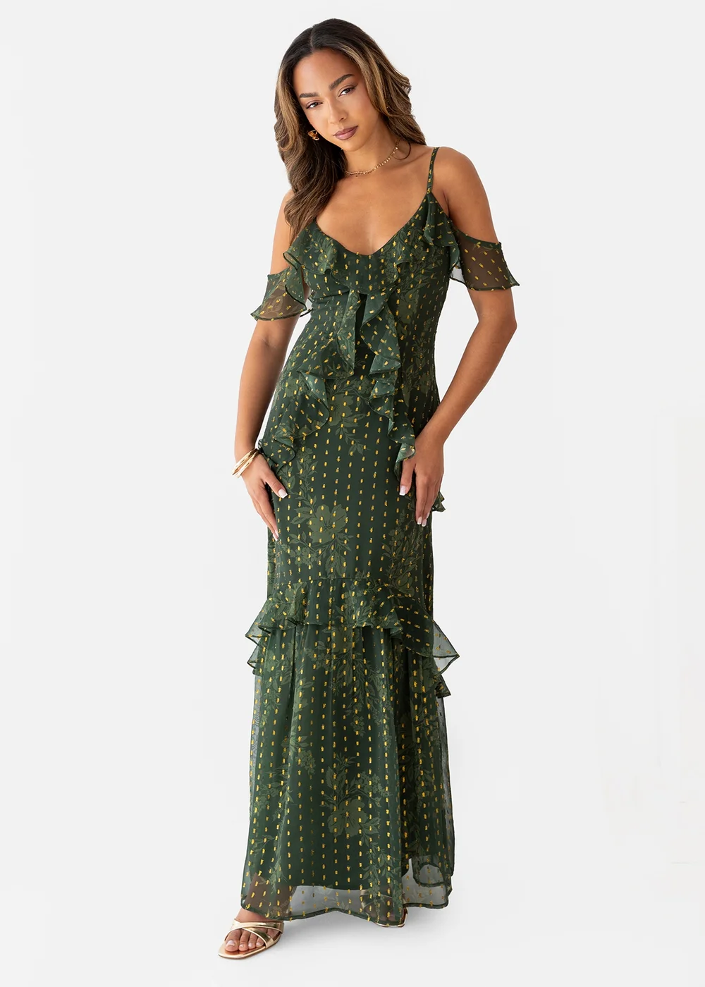 Anaya With Love Floral Green Cold Shoulder Maxi Dress - 16 Image 1