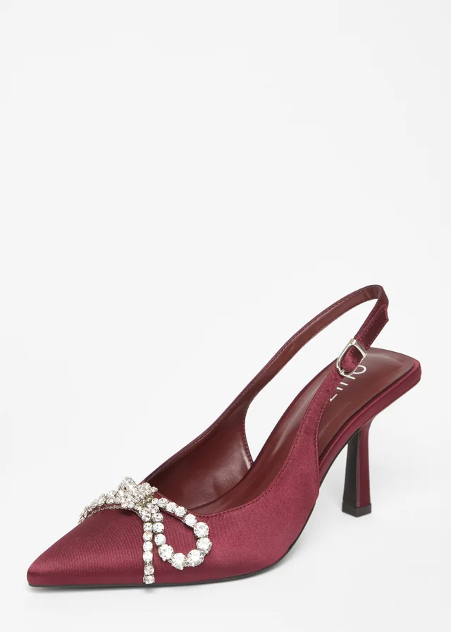 Quiz Burgundy Satin Diamante Bow Court Heels