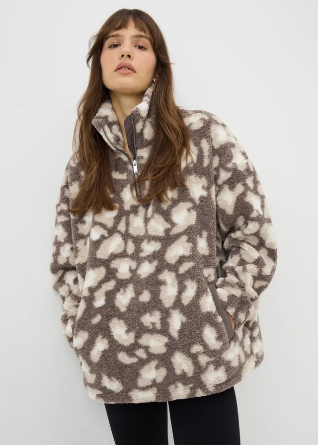 Brown Animal Print Half Zip Fleece