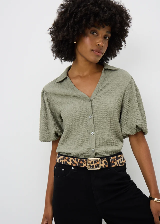 Sage Textured Button Puff Sleeve Top