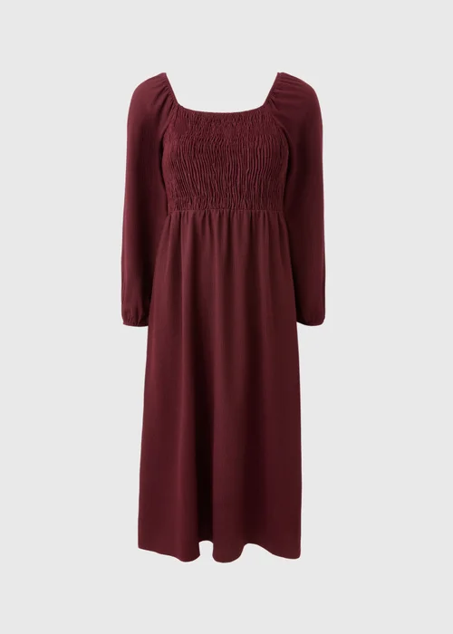 Burgundy Shirred Long Sleeve Midi Dress - 26 Image 2