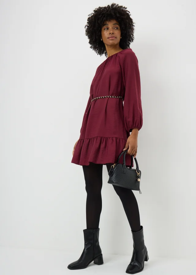 Burgundy Belted High Neck Mini Dress