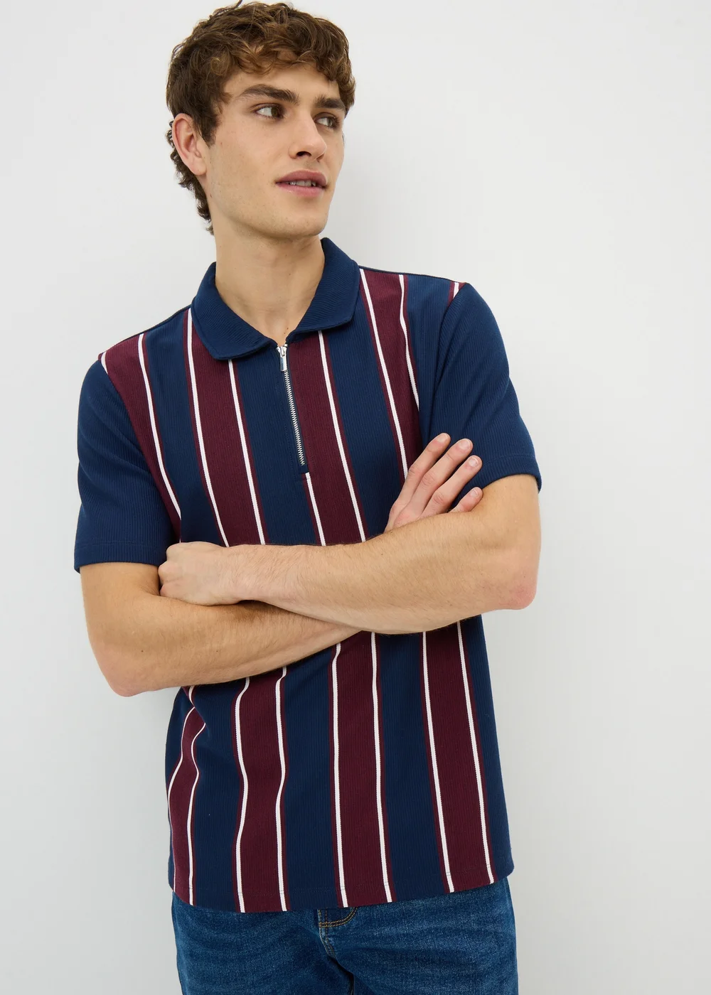 Navy Stripe Ribbed Smart Polo Shirt - Small Image 1
