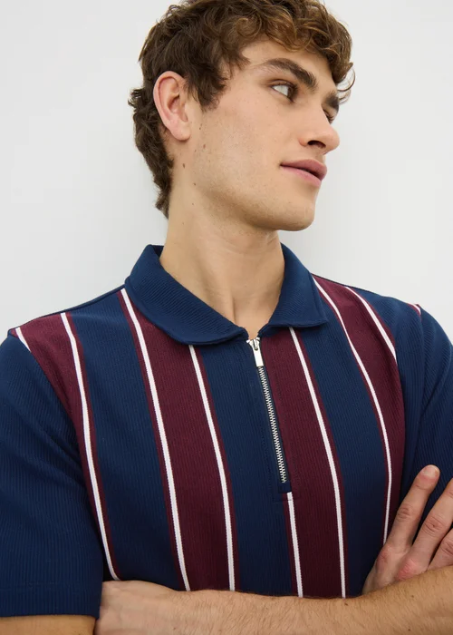 Navy Stripe Ribbed Smart Polo Shirt - Small Image 2