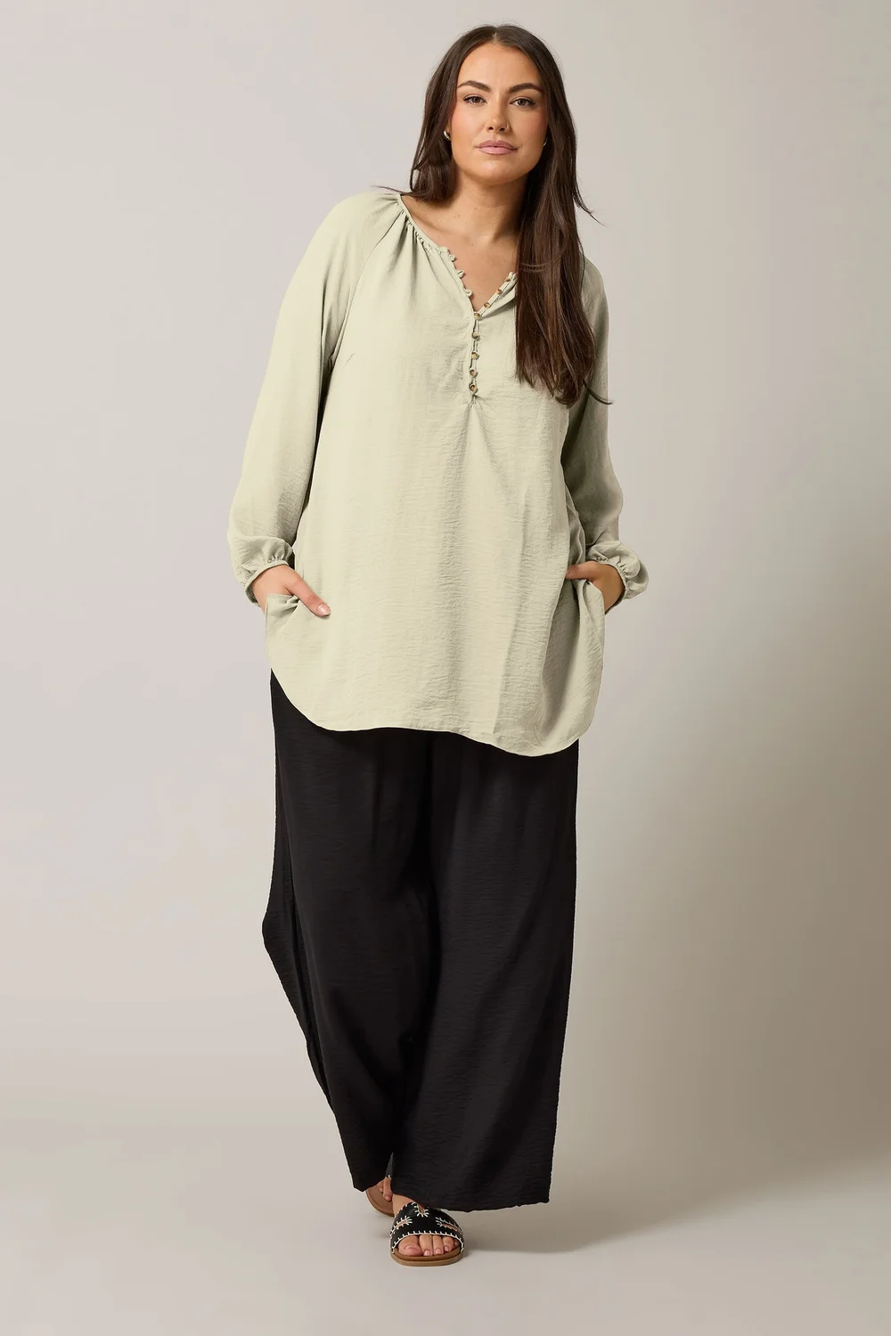 Evans Curve Natural Brown Button Front Long Sleeve Blouse - Size 18 Image 2