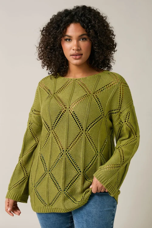Evans Curve Olive Green Diamond Pointelle Jumper - Size 26-28 Clothing Image 2