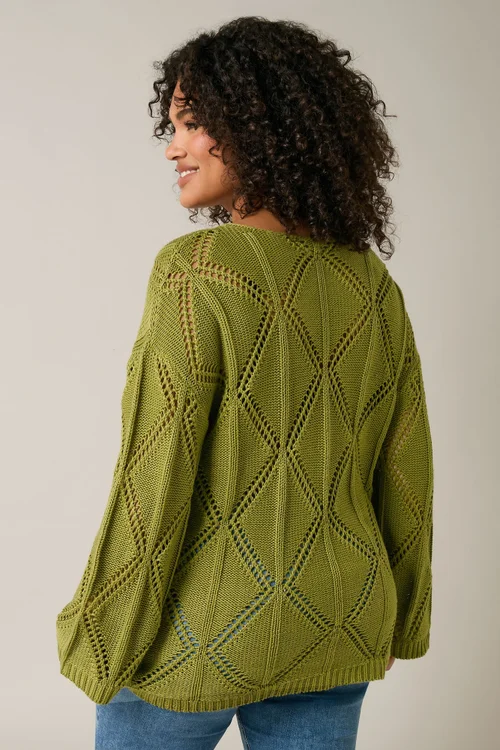 Evans Curve Olive Green Diamond Pointelle Jumper - Size 26-28 Clothing Image 4