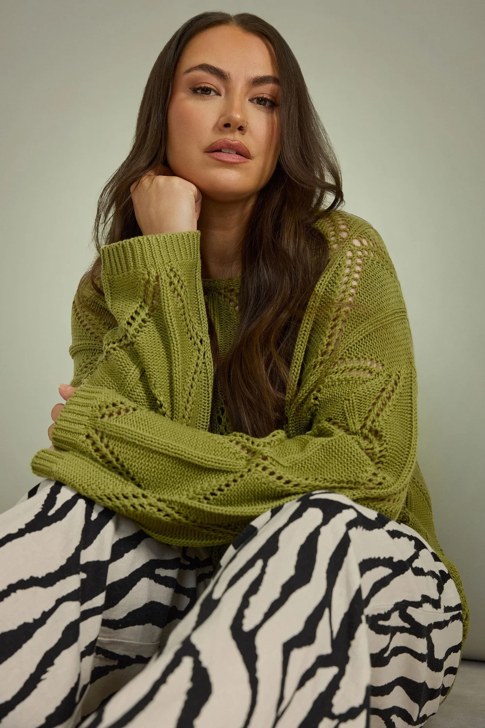 Evans Curve Olive Green Diamond Pointelle Jumper - Size 26-28 Clothing Image 1