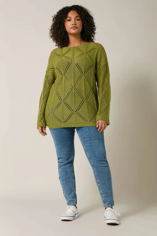 Evans Curve Olive Green Diamond Pointelle Jumper - Size 26-28 Clothing Image 3
