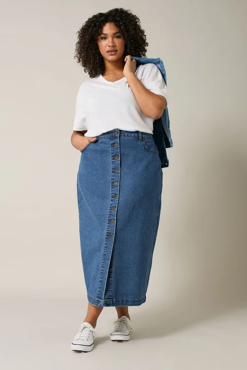 Evans Curve Blue Button Through Denim Maxi Skirt - Size 26-28 Clothing Image 3
