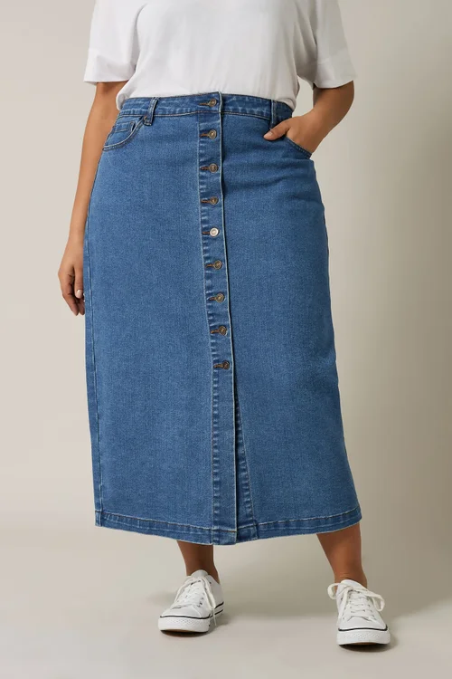 Evans Curve Blue Button Through Denim Maxi Skirt - Size 26-28 Clothing Image 2