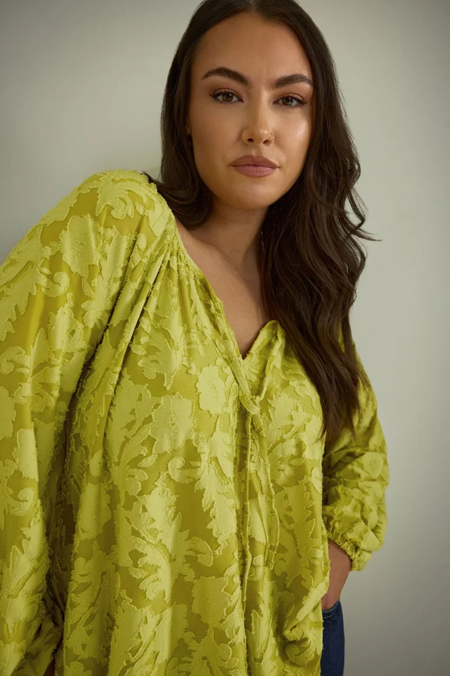 Evans Curve Chartreuse Green Floral Burnout Blouse